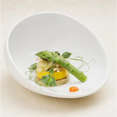Mise en bouche Pressé de courgette jaune, aubergine, fenouil et pointe d'asperges5